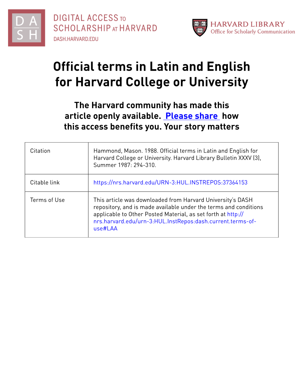 Official Terms in Latin and English for Harvard College Or University