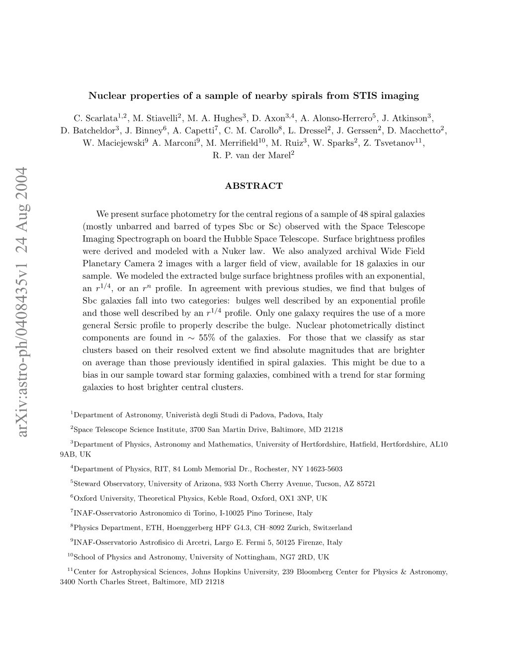 Arxiv:Astro-Ph/0408435V1 24 Aug 2004 A,UK 9AB, 40Nrhcalssre,Blioe D21218 MD Baltimore, Street, Charles North 3400 .Batcheldor D