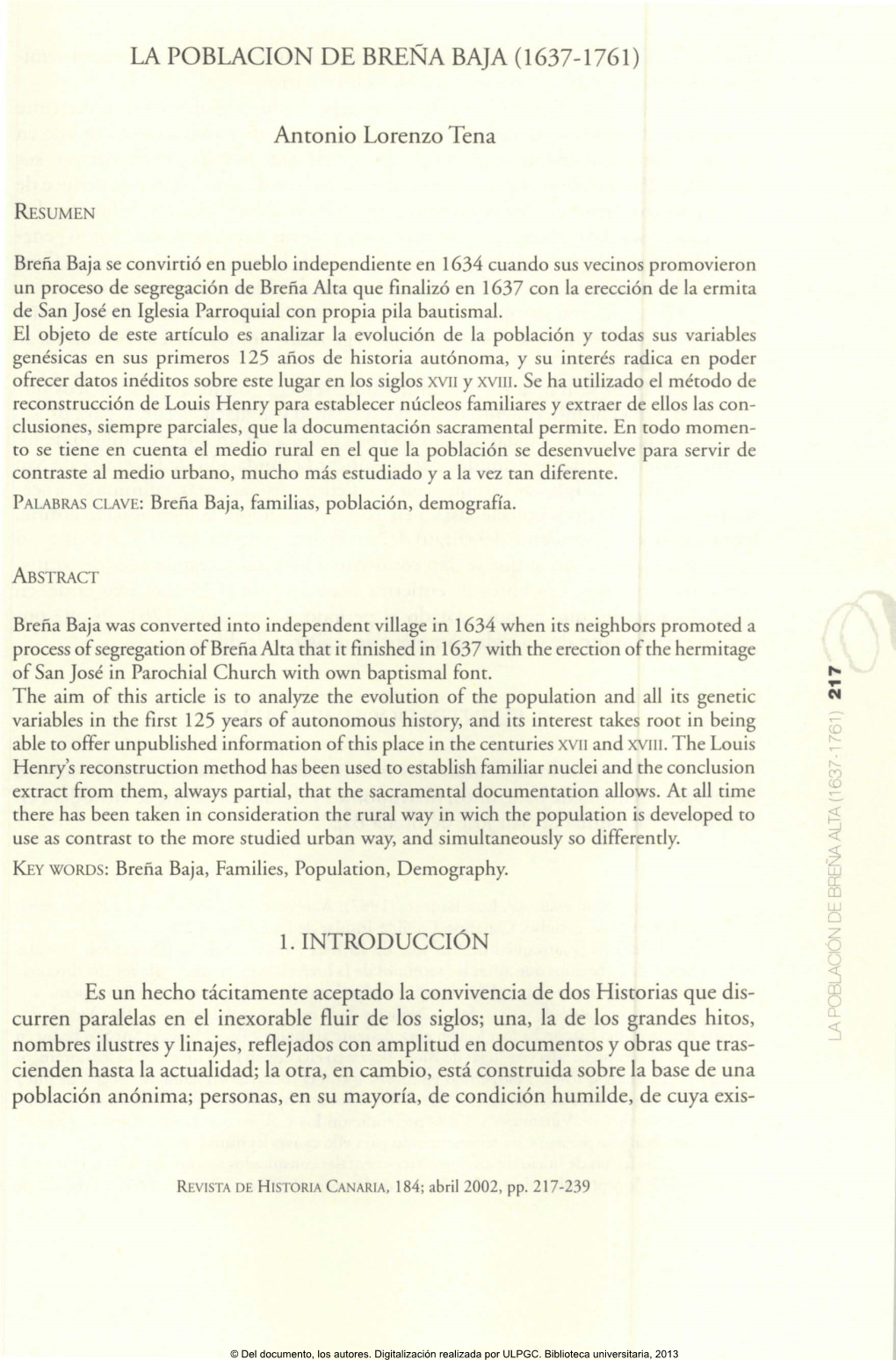 La Población De Breña Baja (1637-1761)