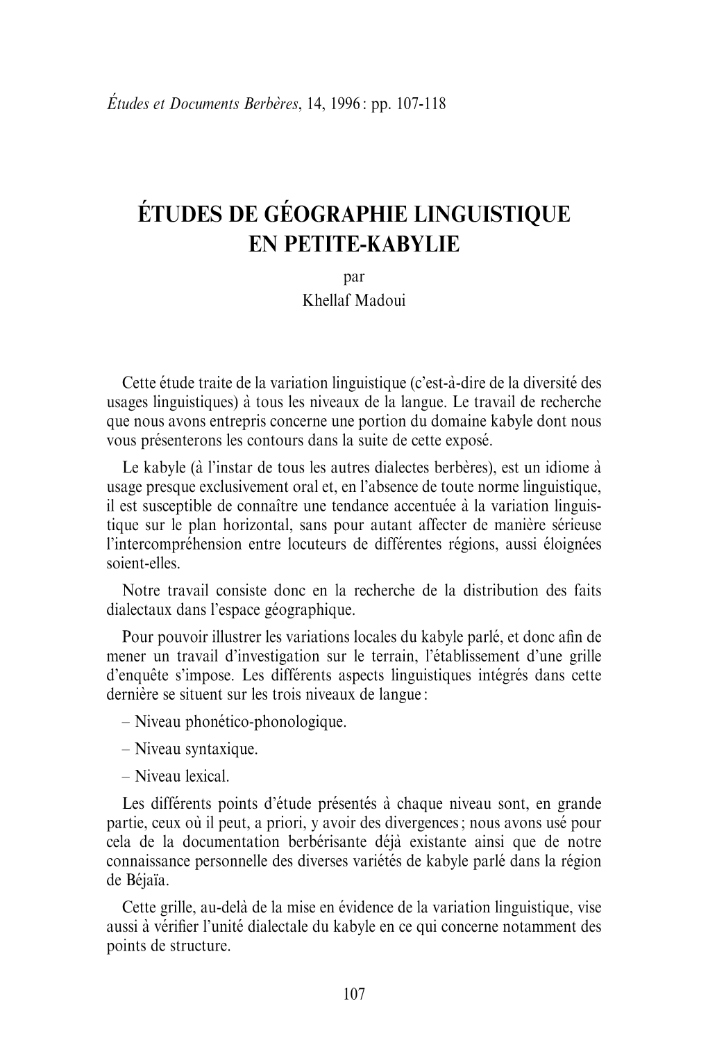 E´Tudes De Ge´Ographie Linguistique En Petite-Kabylie