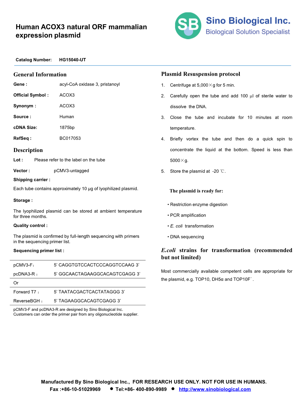 Human ACOX3 Natural ORF Mammalian Expression Plasmid