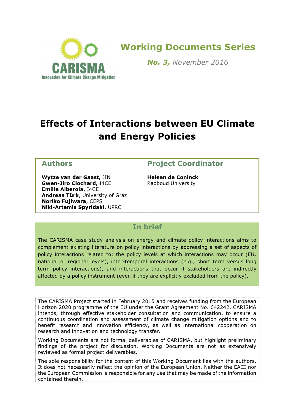 Working Documents Series Effects of Interactions Between EU Climate