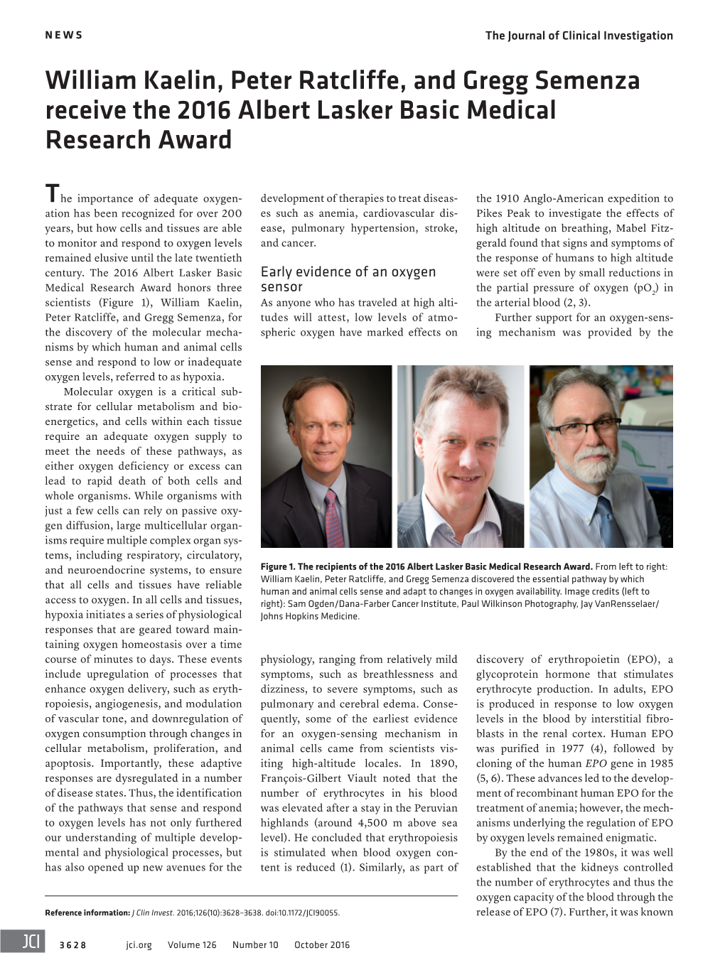 William Kaelin, Peter Ratcliffe, and Gregg Semenza Receive the 2016 Albert Lasker Basic Medical Research Award