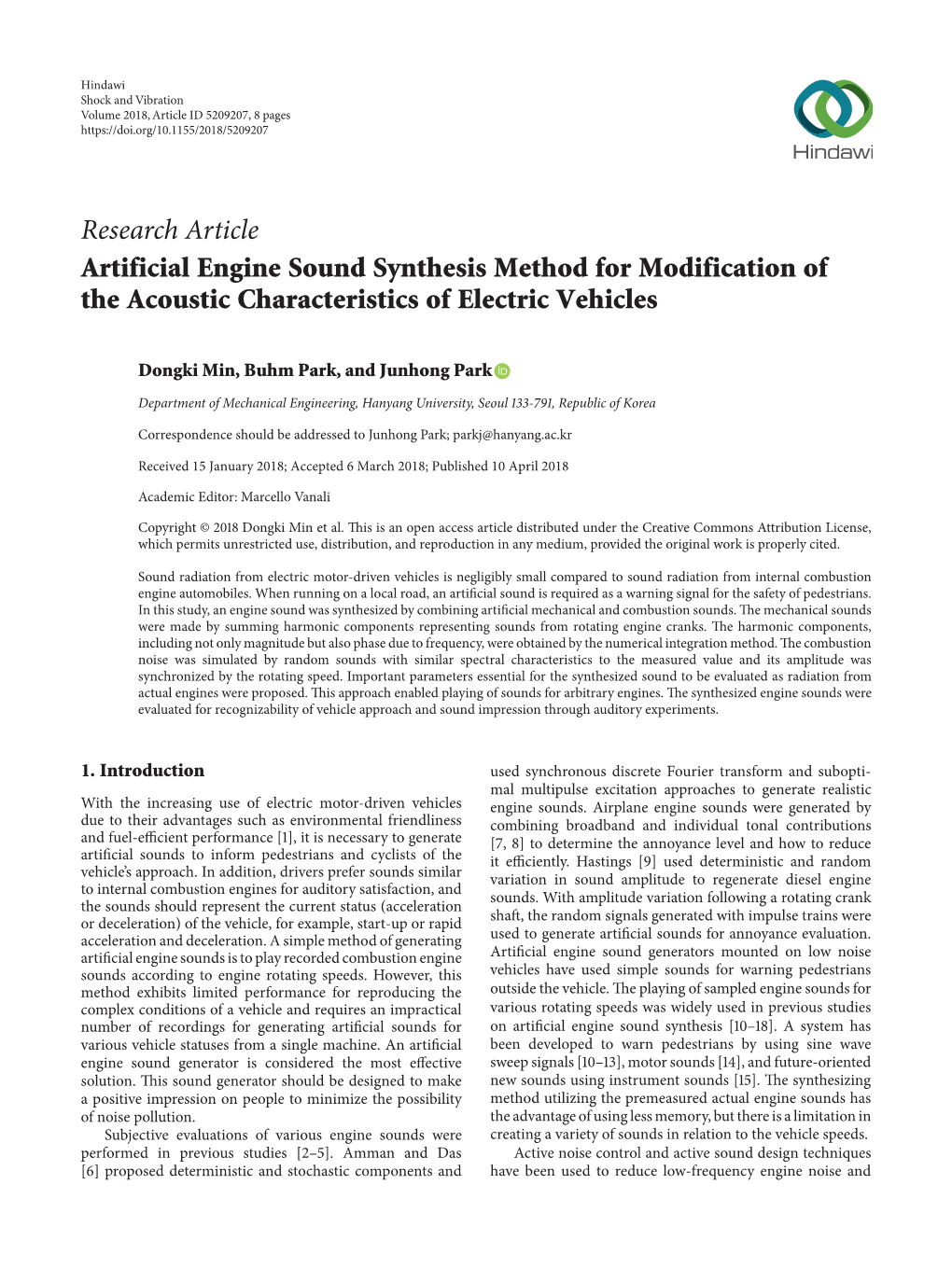 Research Article Artificial Engine Sound Synthesis Method for Modification of the Acoustic Characteristics of Electric Vehicles