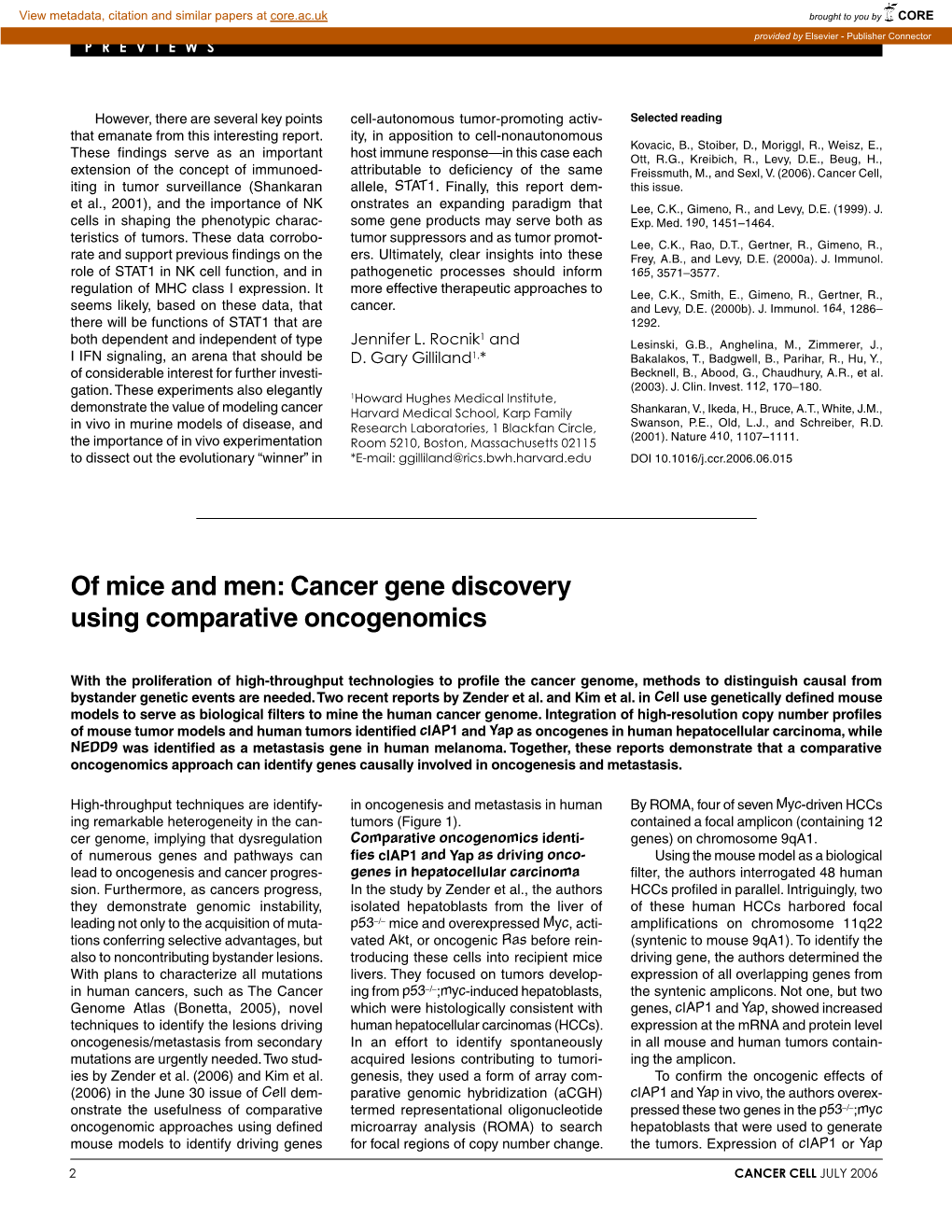 Cancer Gene Discovery Using Comparative Oncogenomics