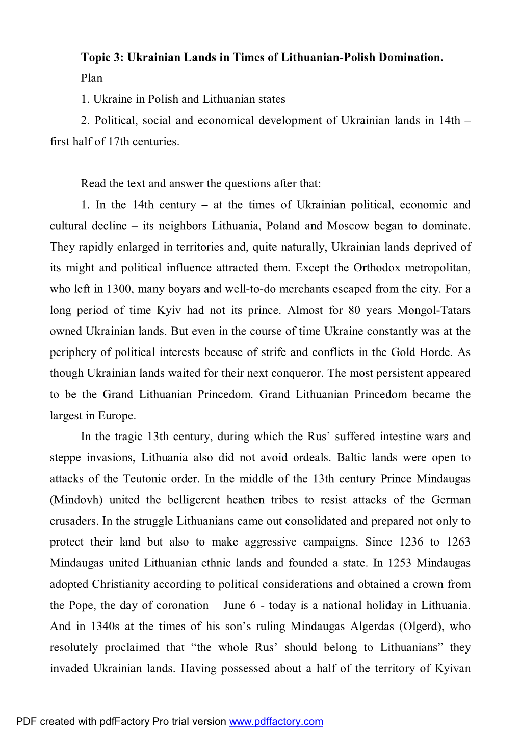 Topic 3: Ukrainian Lands in Times of Lithuanian-Polish Domination. Plan 1