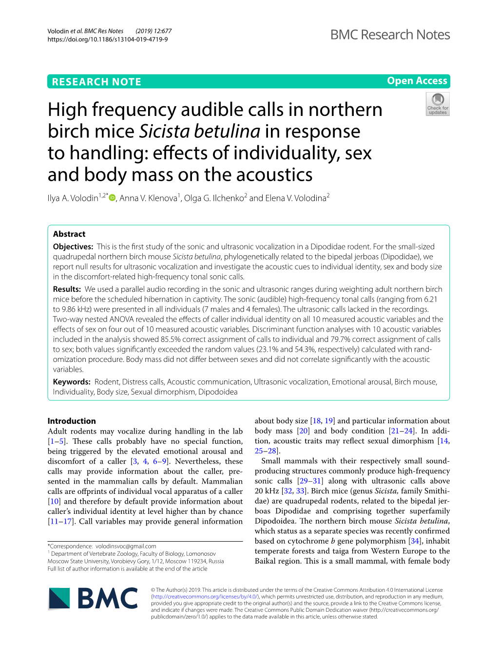High Frequency Audible Calls in Northern Birch Mice Sicista Betulina in Response to Handling: Efects of Individuality, Sex and Body Mass on the Acoustics Ilya A