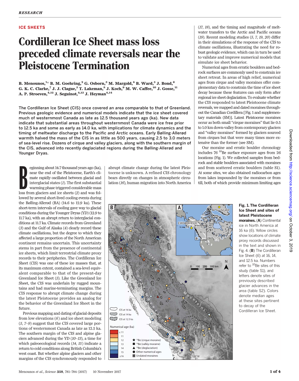 Cordilleran Ice Sheet Mass Loss Preceded Climate Reversals Near the Pleistocene Termination B