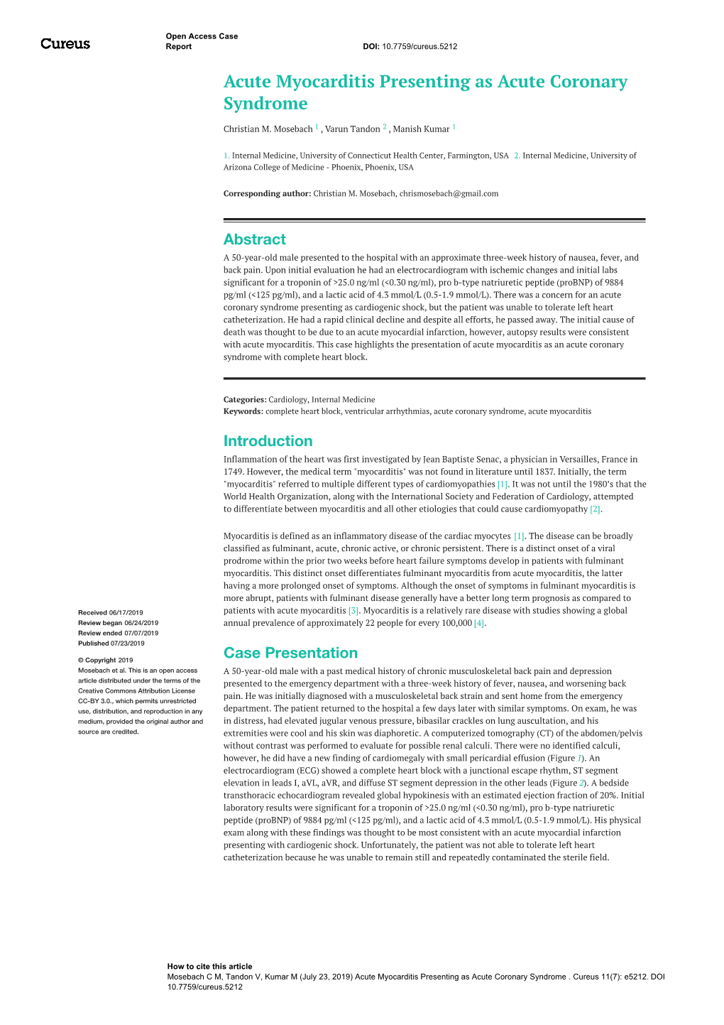 Acute Myocarditis Presenting As Acute Coronary Syndrome