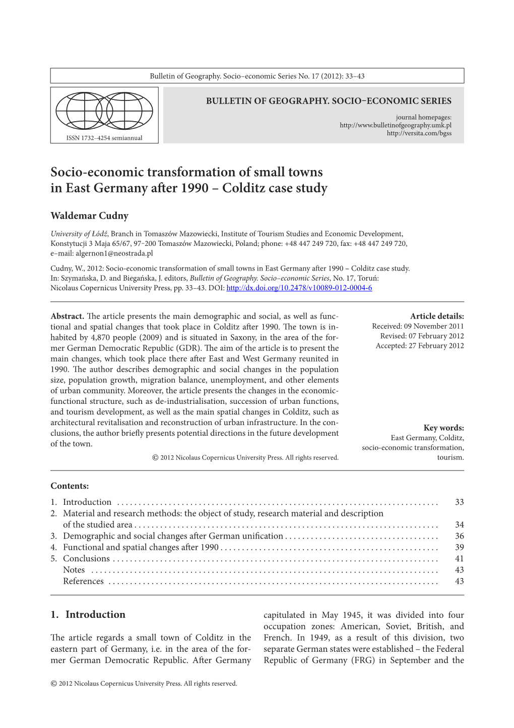 Socio-Economic Transformation of Small Towns in East Germany After 1990 – Colditz Case Study