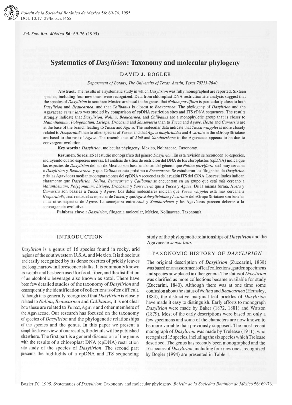 Systematics of Dasylirion: Taxonomy and Molecular Phylogeny