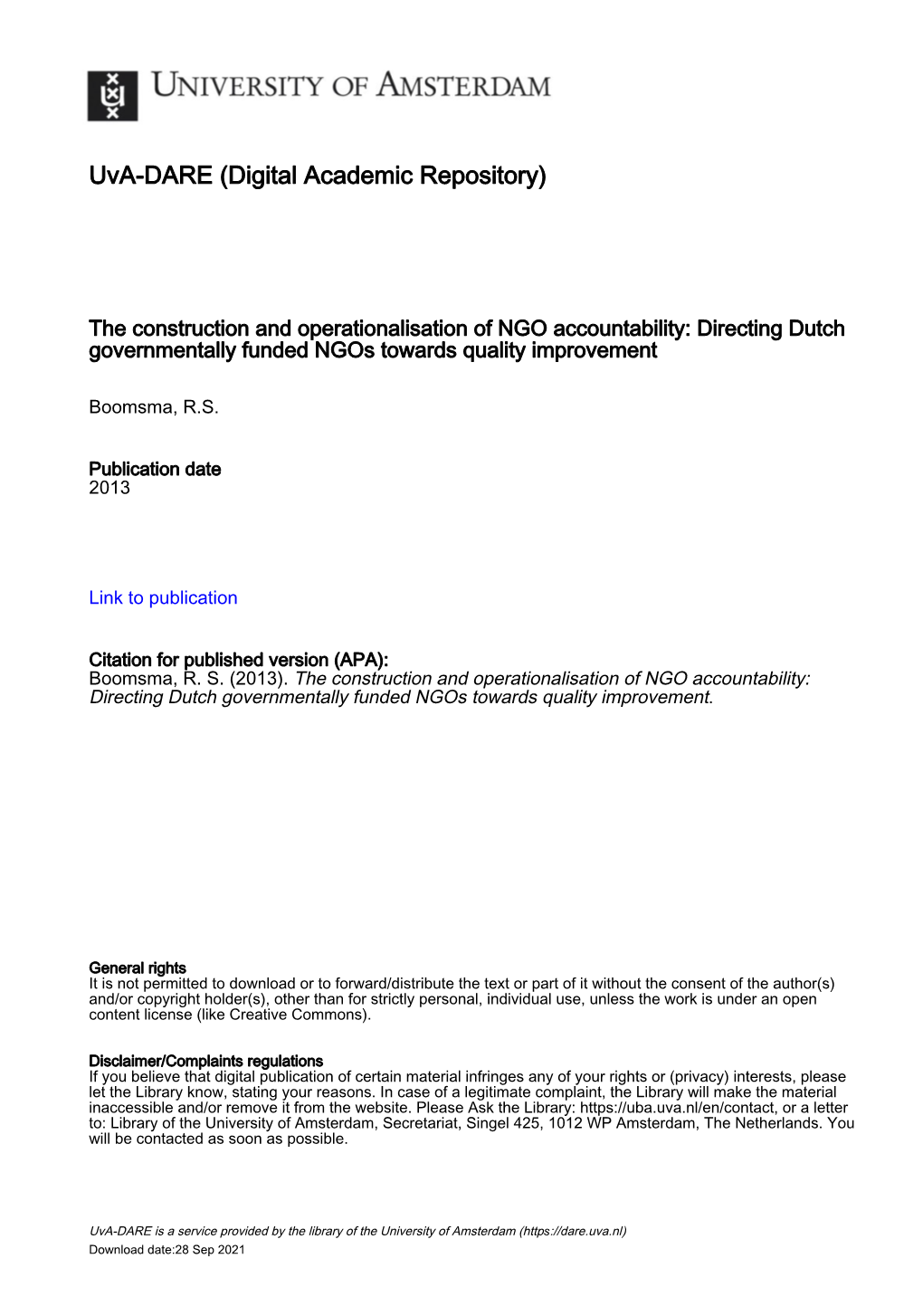 The Construction and Operationalisation of NGO Accountability: Directing Dutch Governmentally Funded Ngos Towards Quality Improvement