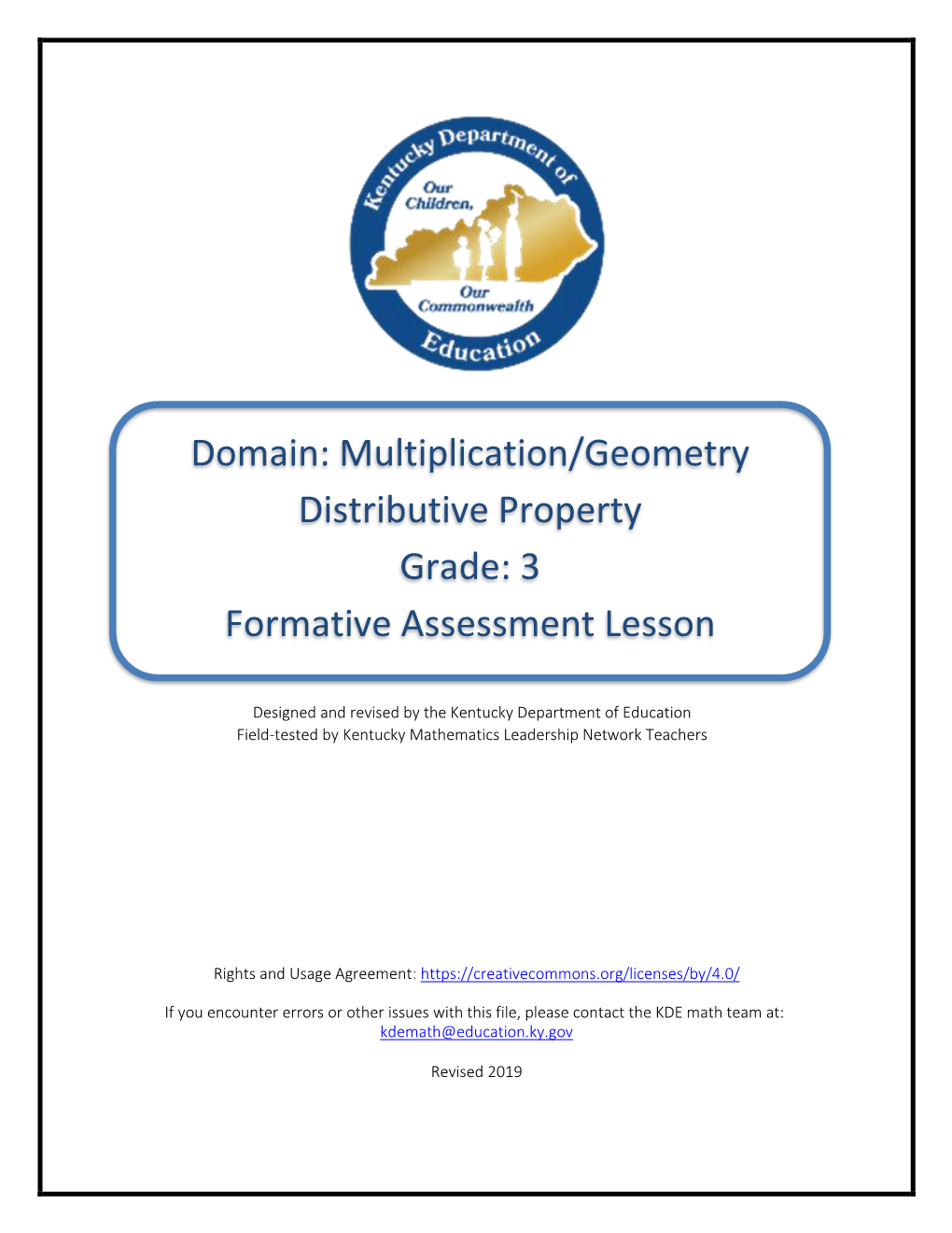 Multiplication/Geometry Distributive Property Grade: 3 Formative Assessment Lesson