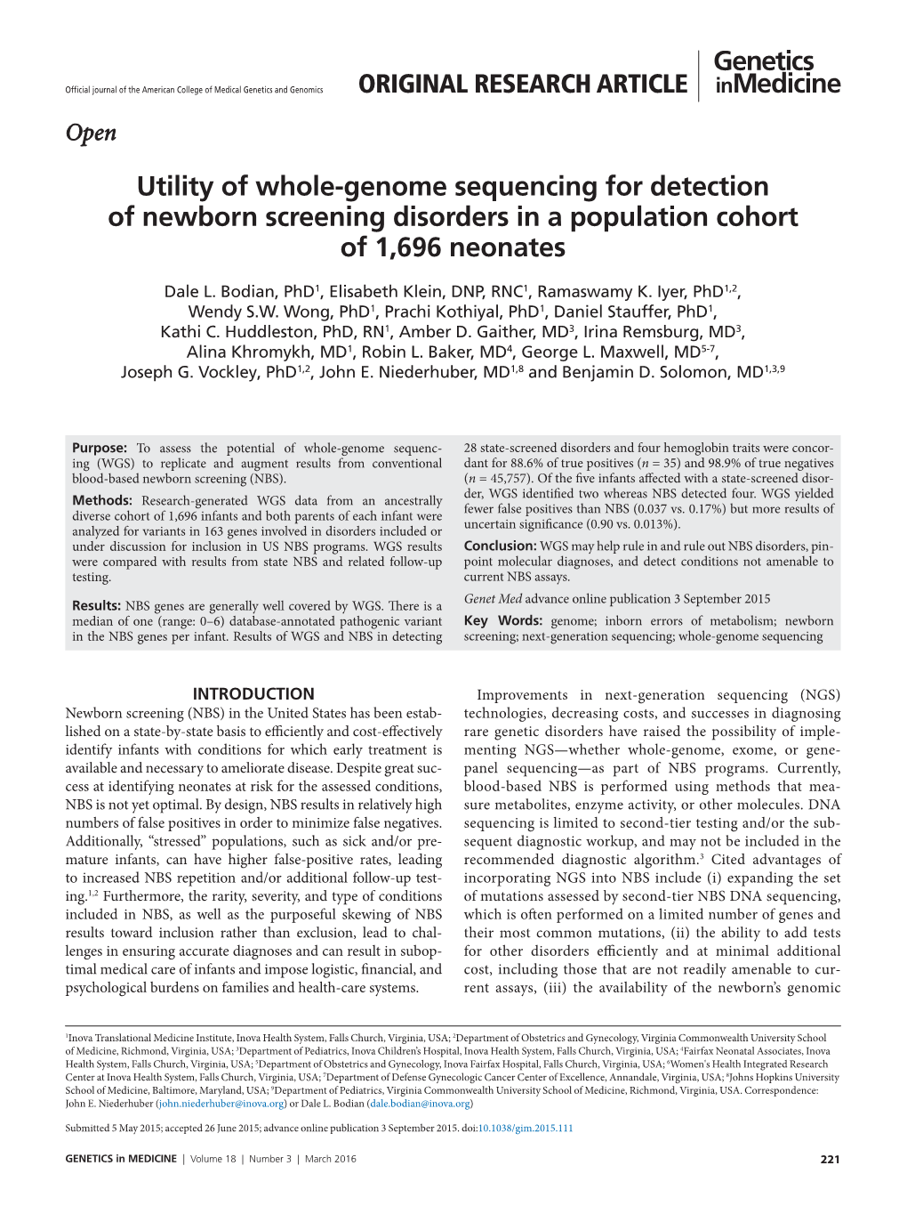 Utility of Whole-Genome Sequencing for Detection of Newborn Screening Disorders in a Population Cohort of 1,696 Neonates