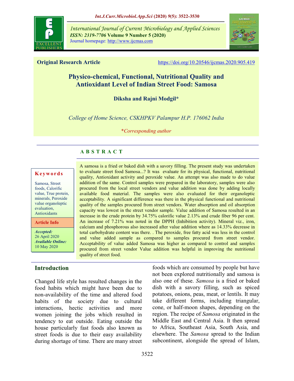 Physico-Chemical, Functional, Nutritional Quality and Antioxidant Level of Indian Street Food: Samosa