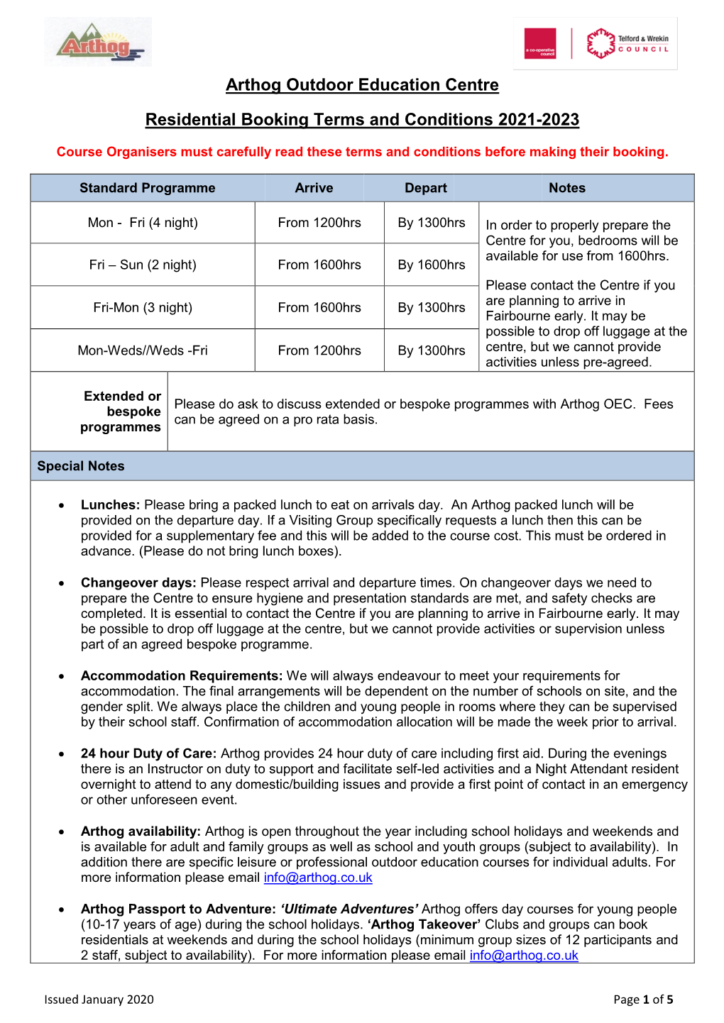 Arthog Outdoor Education Centre Residential Booking Terms and Conditions 2021-2023