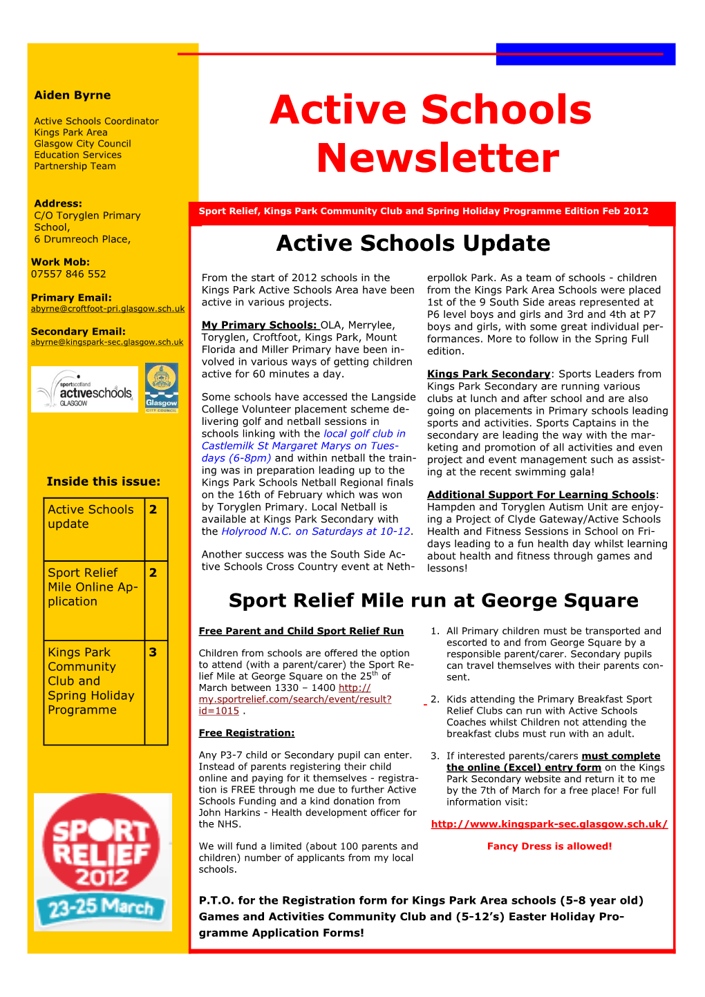 AS Newsletter Sport Relief, Community Club and Spring HP