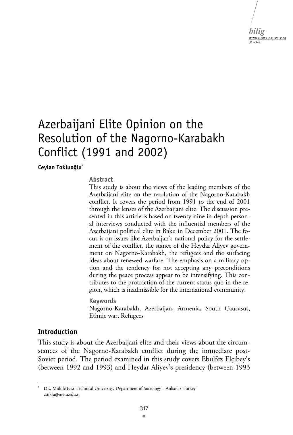 Azerbaijani Elite Opinion on the Resolution of the Nagorno-Karabakh Conflict (1991 and 2002)