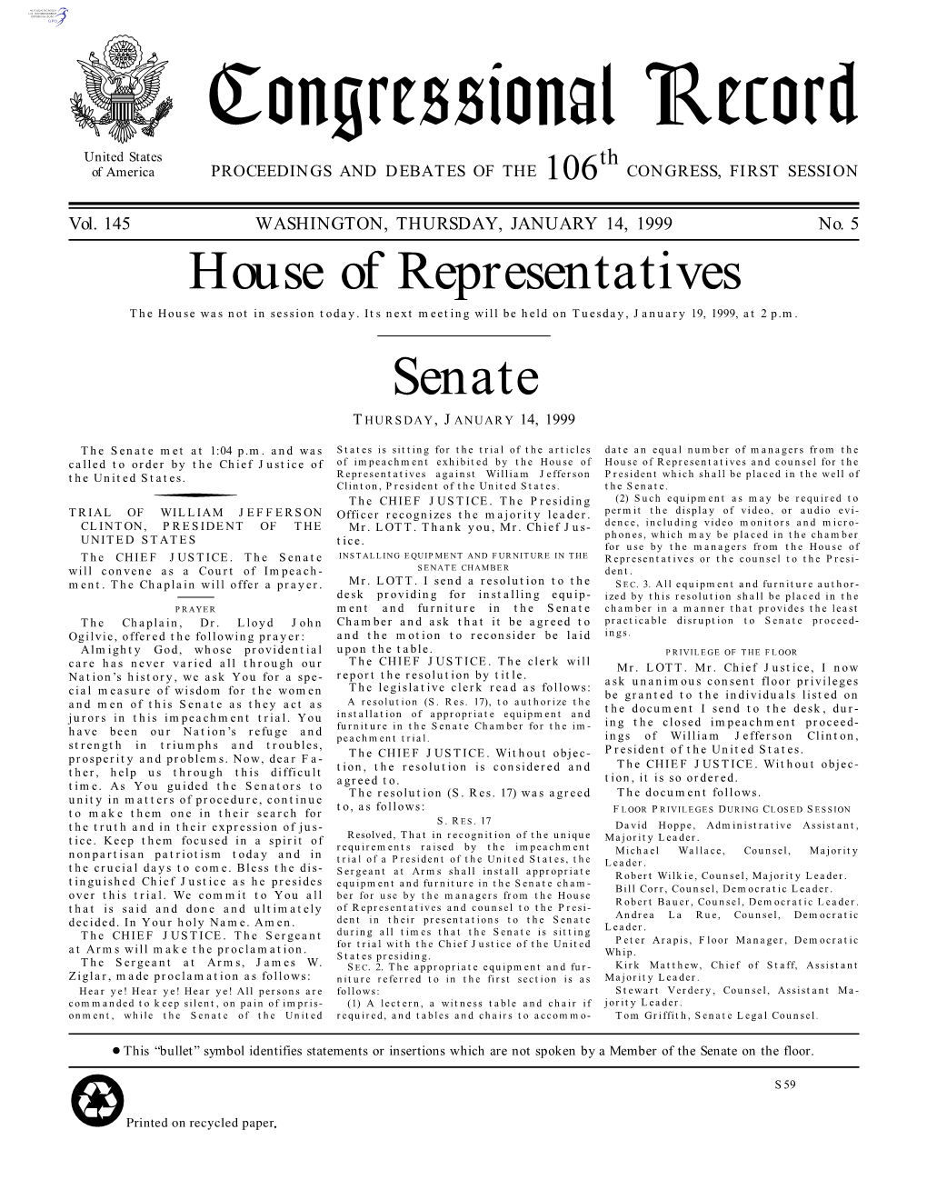 Congressional Record United States Th of America PROCEEDINGS and DEBATES of the 106 CONGRESS, FIRST SESSION