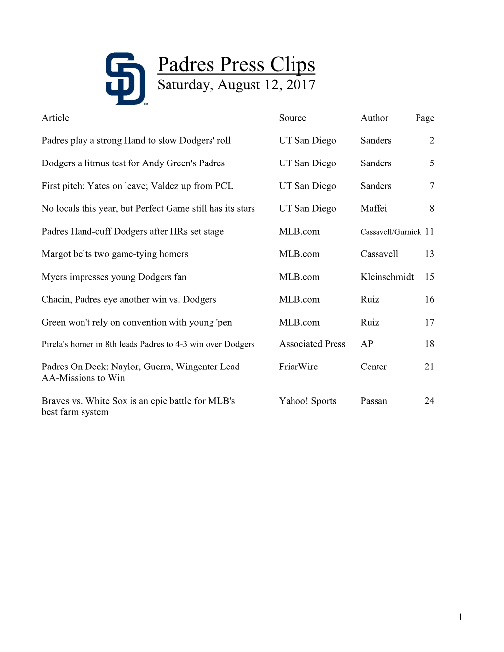 Padres Press Clips Saturday, August 12, 2017