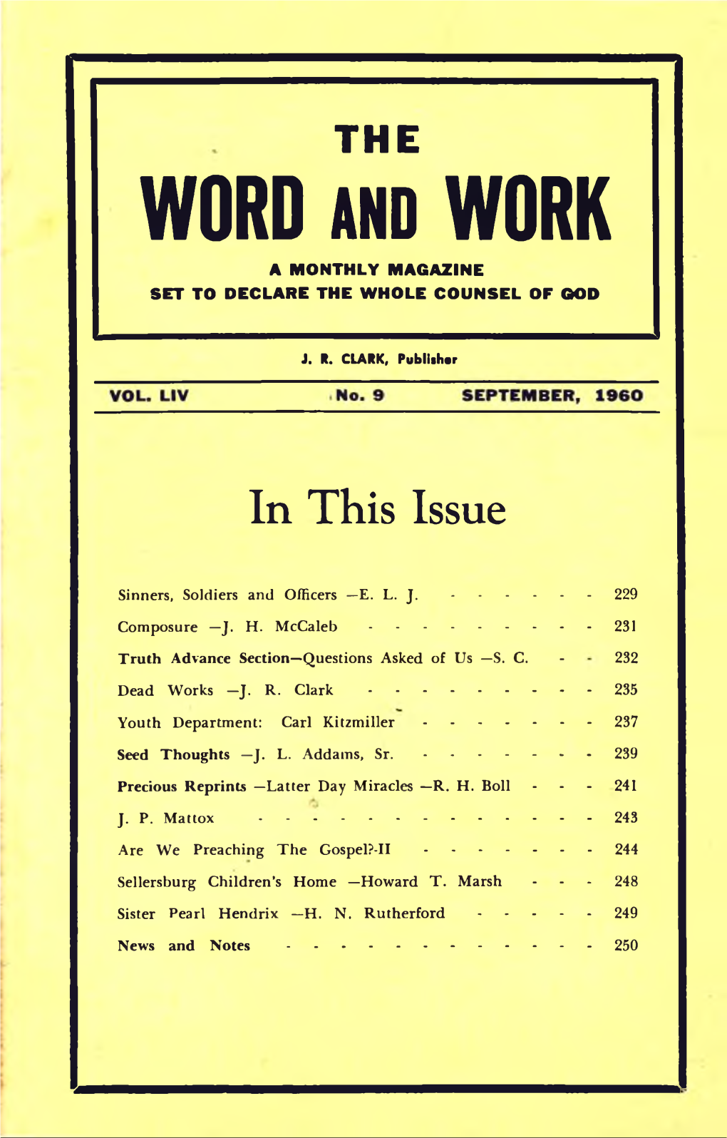 Word and Work a Monthly Magazine Set to Declare the Whole Counsel of God
