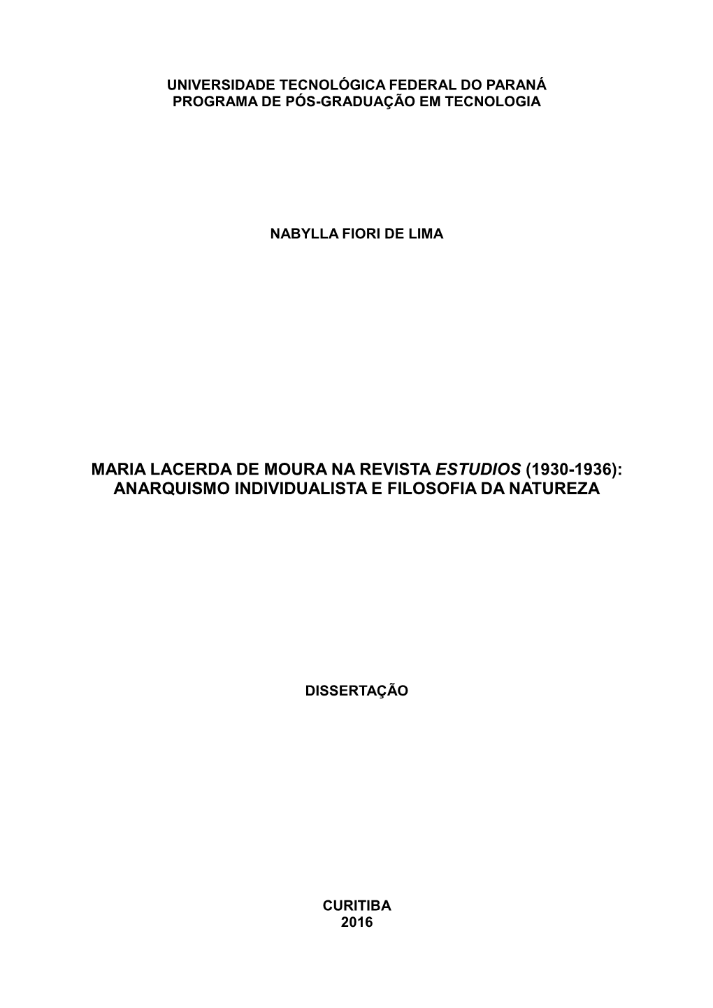 Maria Lacerda De Moura Na Revista Estudios (1930-1936): Anarquismo Individualista E Filosofia Da Natureza