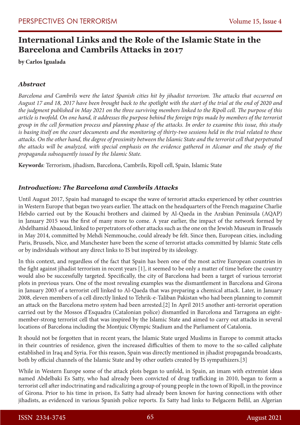 International Links and the Role of the Islamic State in the Barcelona and Cambrils Attacks in 2017 by Carlos Igualada