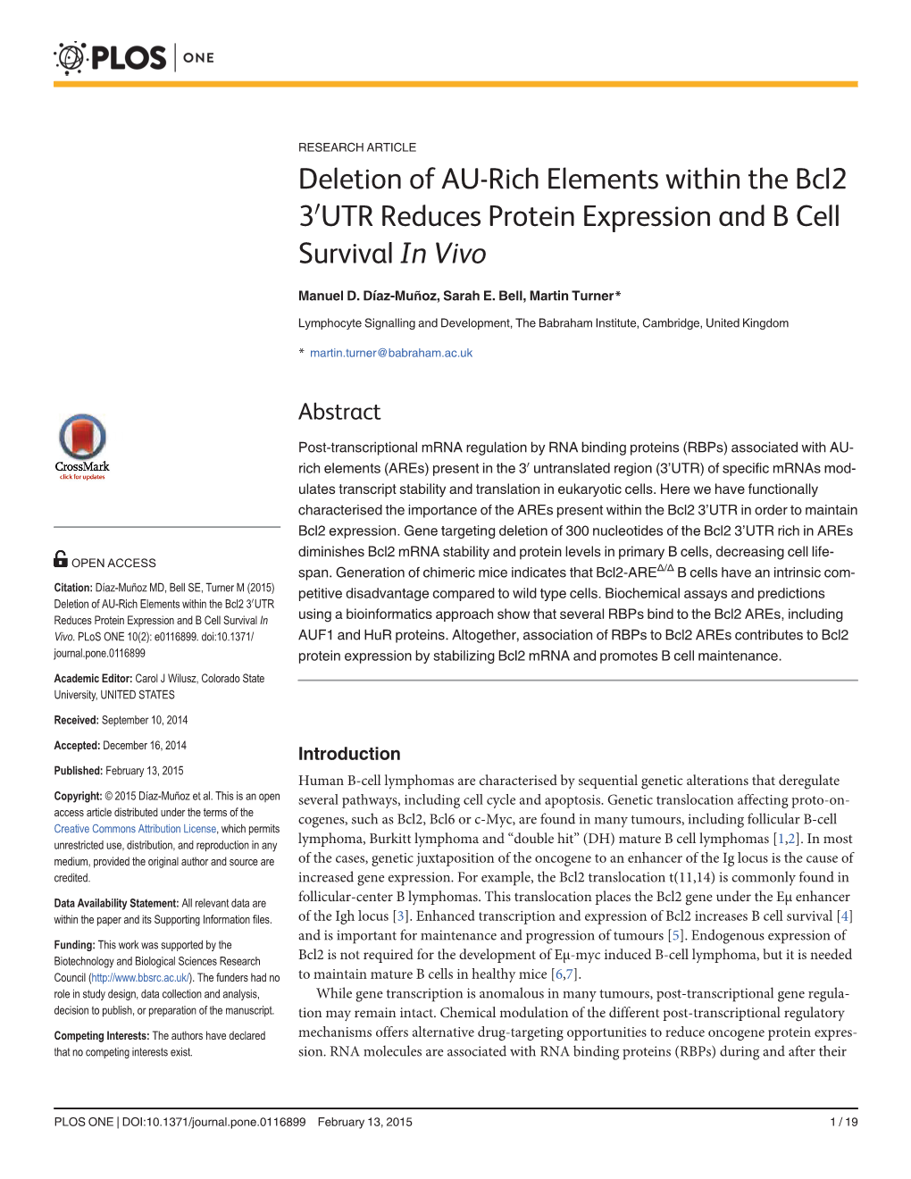 Deletion of AU-Rich Elements Within the Bcl2 30UTR Reduces Protein Expression and B Cell Survival in Vivo