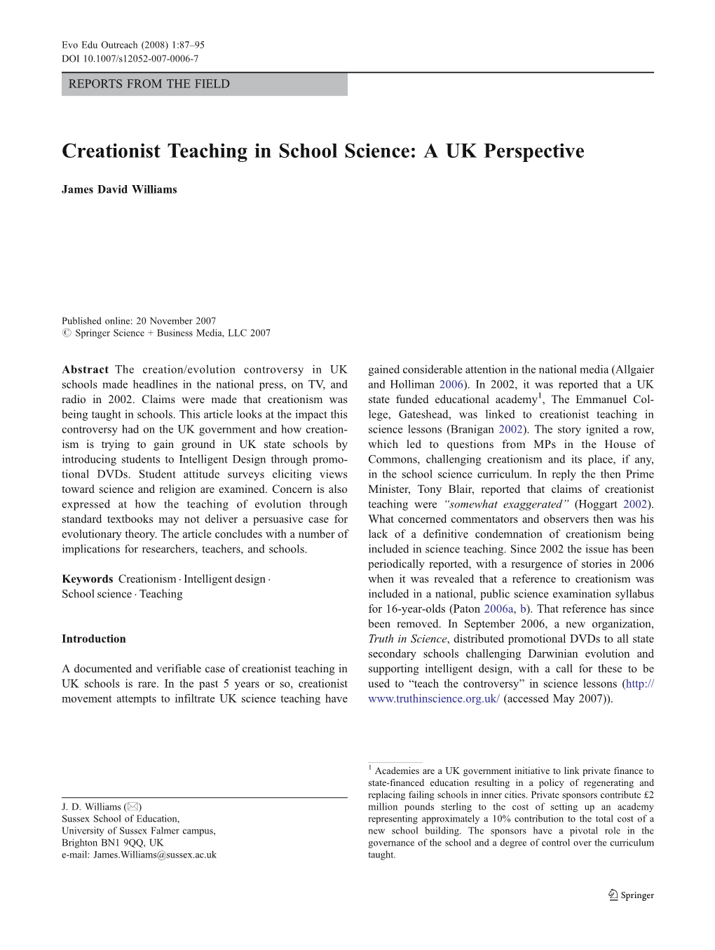 Creationist Teaching in School Science: a UK Perspective