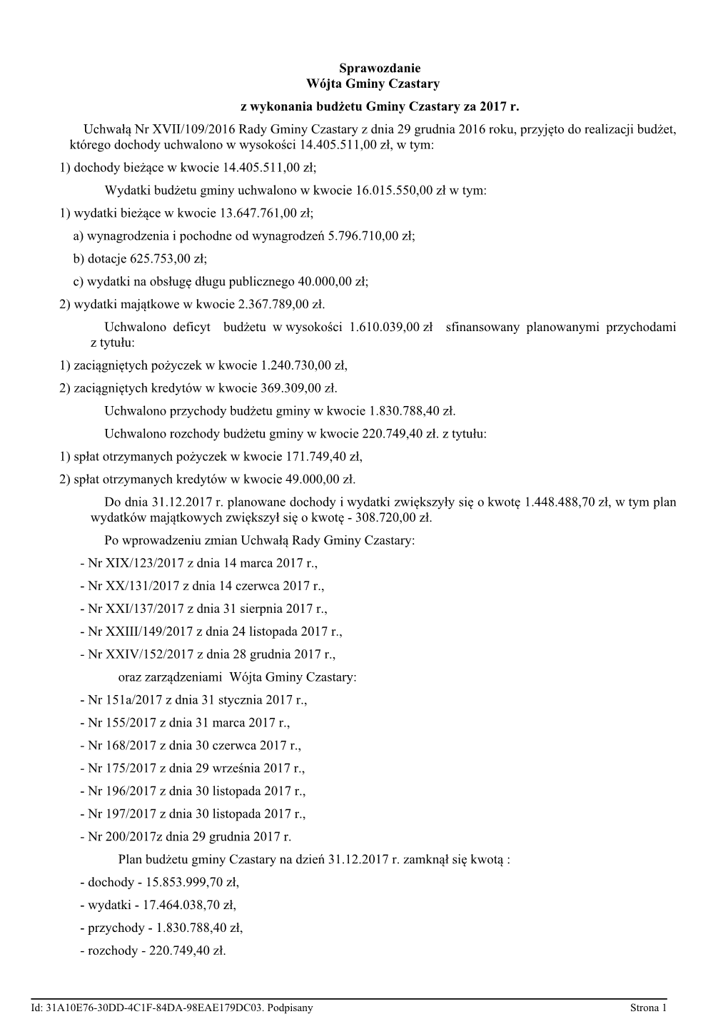 Sprawozdanie Wójta Gminy Czastary Z Wykonania Budżetu Gminy Czastary Za 2017 R