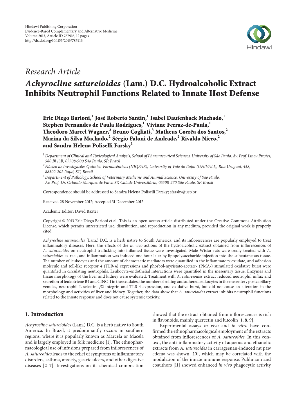 Research Article Achyrocline Satureioides (Lam.) D.C. Hydroalcoholic Extract Inhibits Neutrophil Functions Related to Innate Host Defense