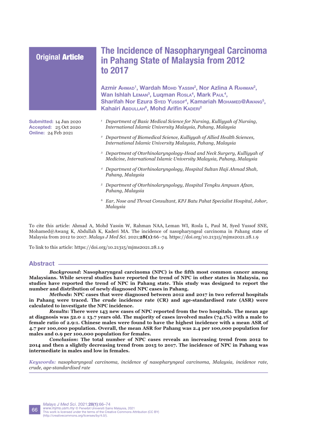 The Incidence of Nasopharyngeal Carcinoma in Pahang State of Malaysia from 2012 to 2017