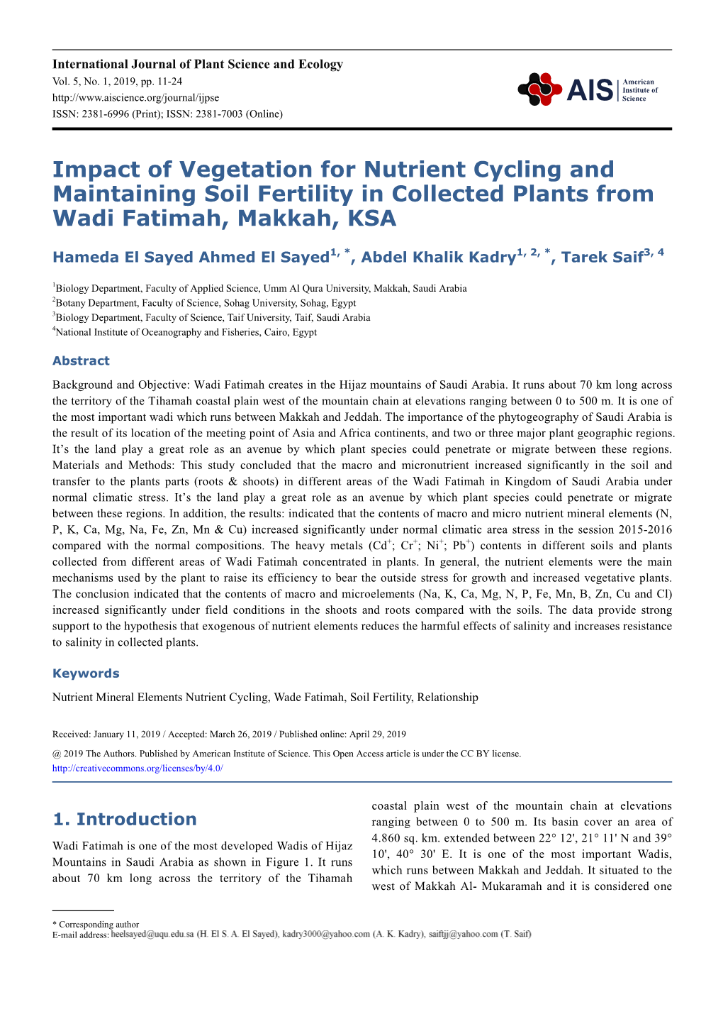 Impact of Vegetation for Nutrient Cycling and Maintaining Soil Fertility in Collected Plants from Wadi Fatimah, Makkah, KSA