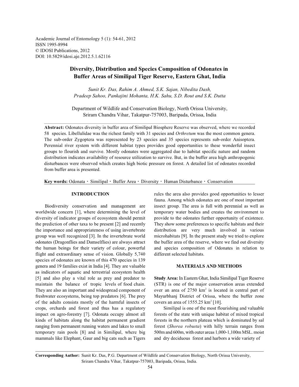 Diversity, Distribution and Species Composition of Odonates in Buffer Areas of Similipal Tiger Reserve, Eastern Ghat, India