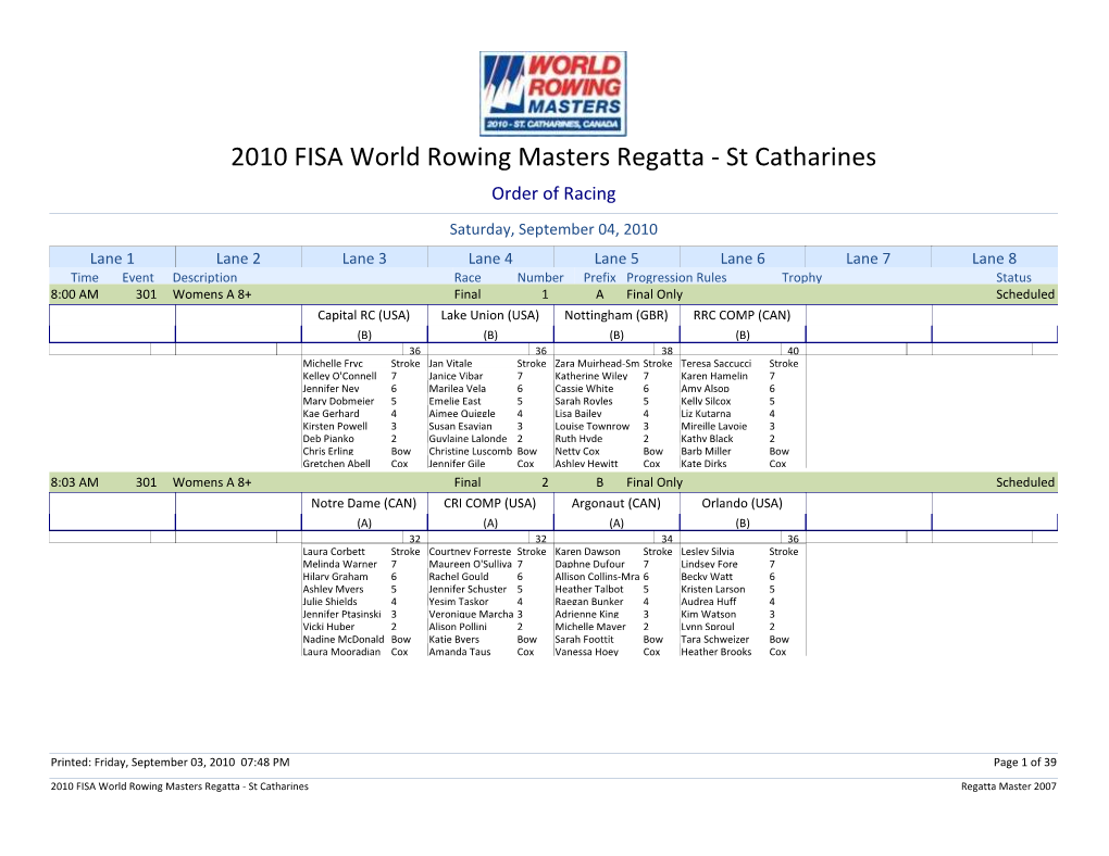 2010 FISA World Rowing Masters Regatta - St Catharines Order of Racing