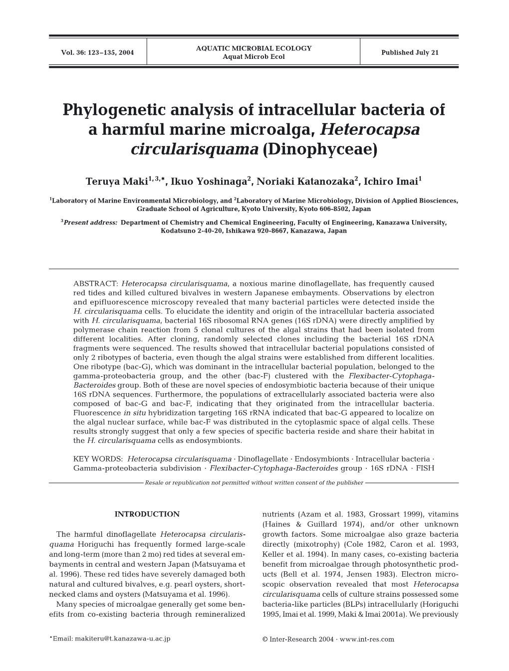 Phylogenetic Analysis of Intracellular Bacteria of a Harmful Marine Microalga, Heterocapsa Circularisquama (Dinophyceae)