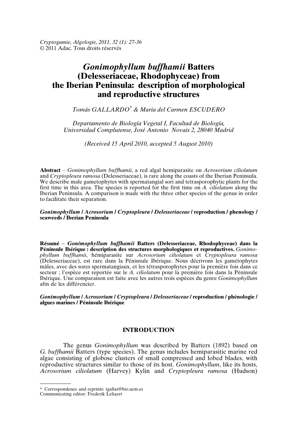 (Delesseriaceae, Rhodophyceae) from the Iberian Peninsula: Description of Morphological and Reproductive Structures