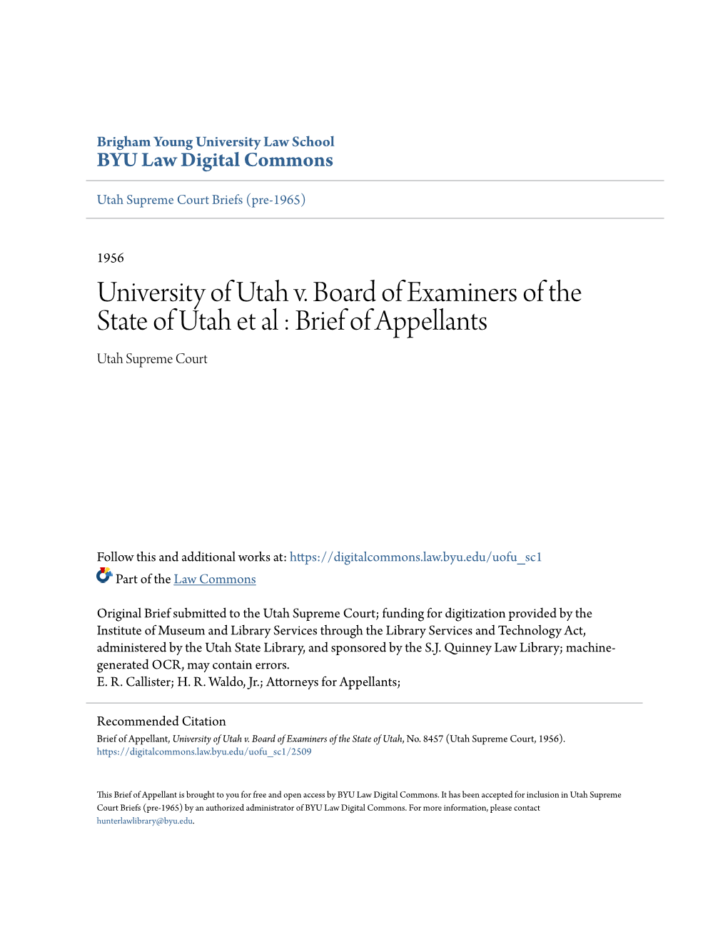 University of Utah V. Board of Examiners of the State of Utah Et Al : Brief of Appellants Utah Supreme Court
