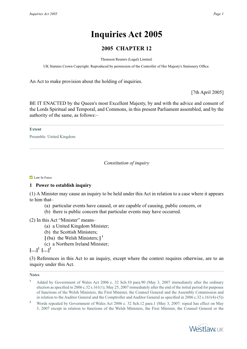 Inquiries Act 2005 Page 1