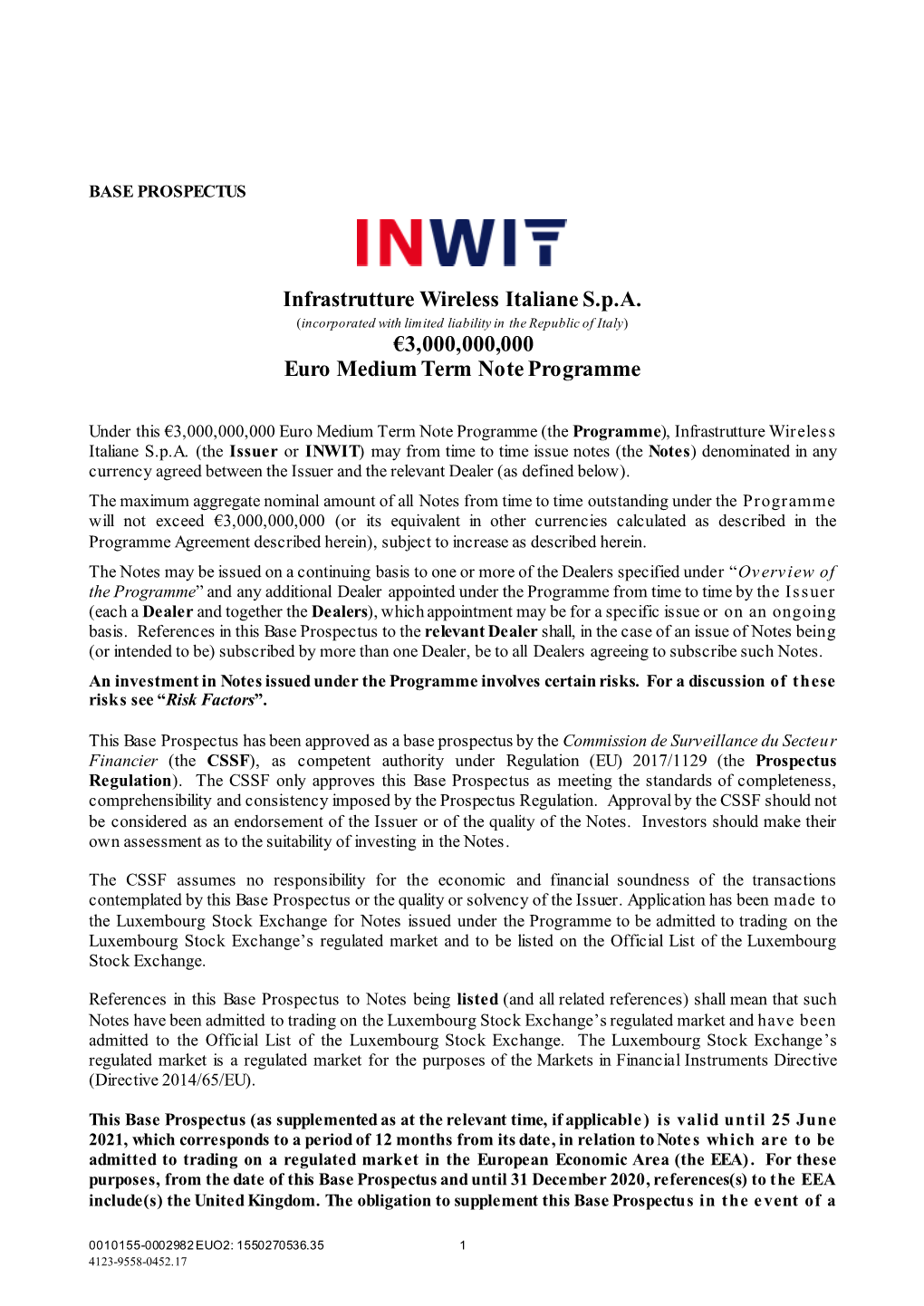 Infrastrutture Wireless Italiane S.P.A. (Incorporated with Limited Liability in the Republic of Italy) €3,000,000,000 Euro Medium Term Note Programme