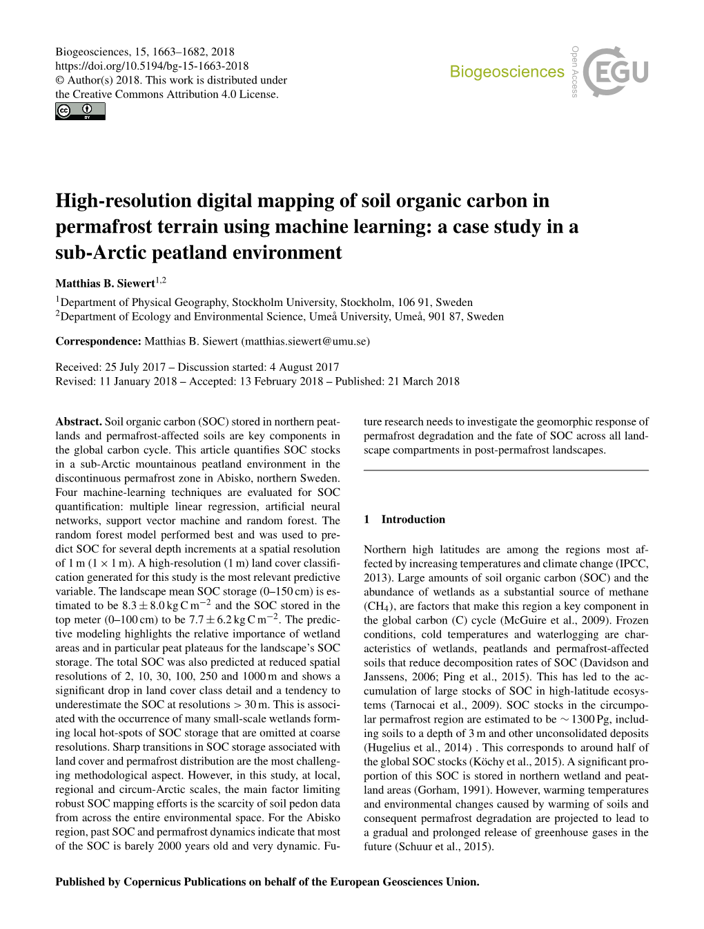 High-Resolution Digital Mapping of Soil Organic Carbon in Permafrost Terrain Using Machine Learning: a Case Study in a Sub-Arctic Peatland Environment