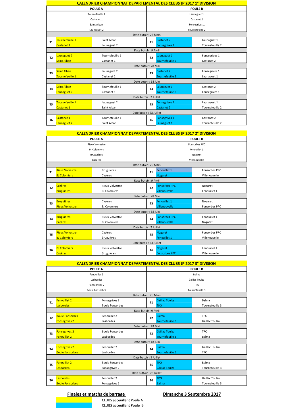 Finales Et Matchs De Barrage Dimanche 3 Septembre 2017 CLUBS Acceuillant Poule a CLUBS Acceuillant Poule B