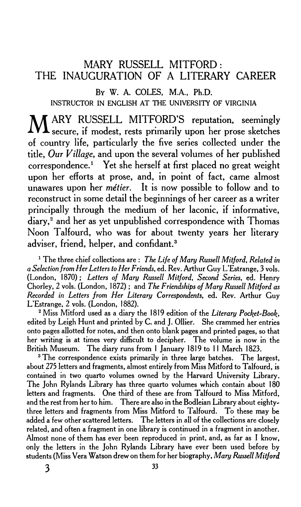 Mary Russell Mitford: the Inauguration of a Literary Career by W