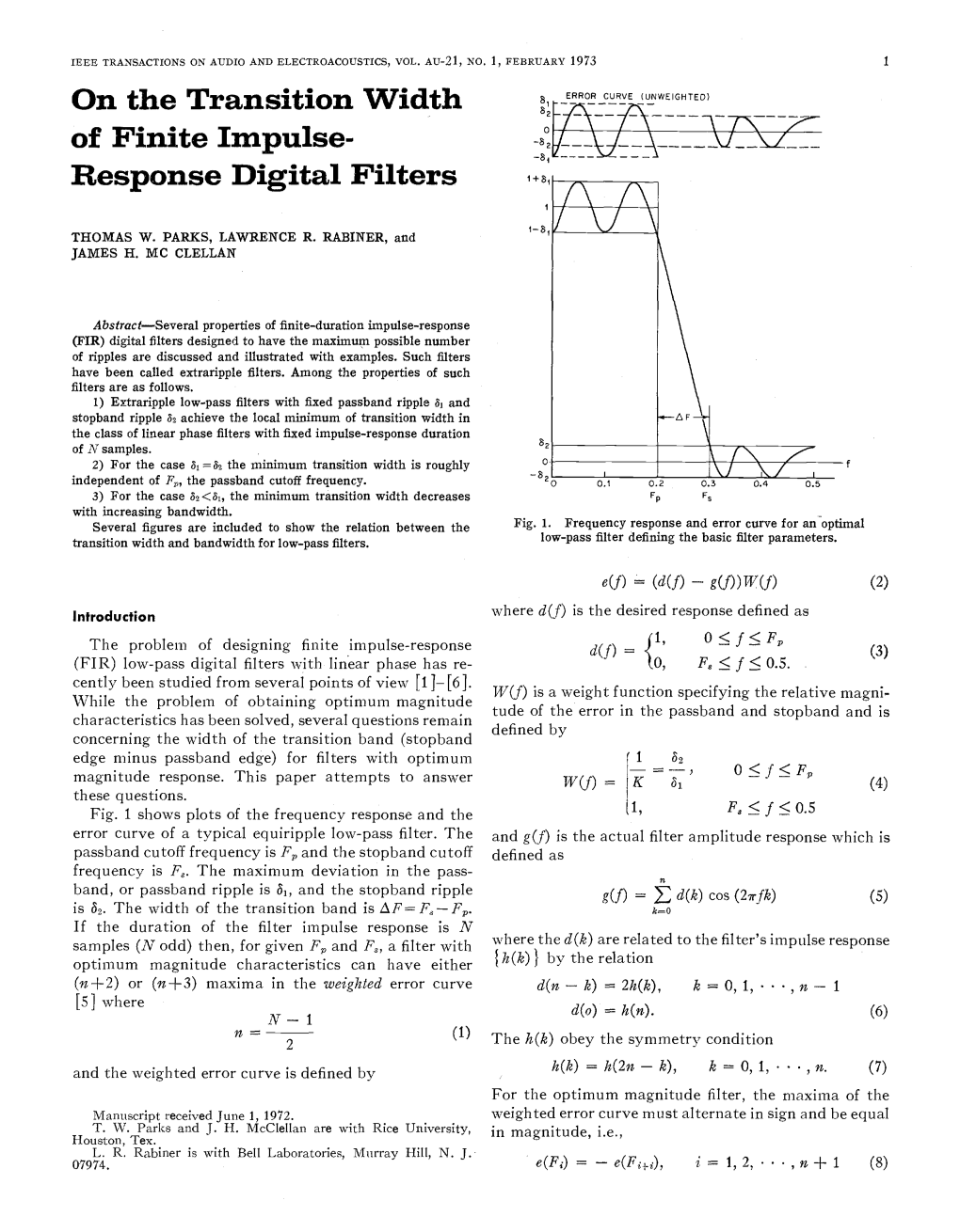 On the Transition Width of Finite Impulse- Response Digital Filters I 1