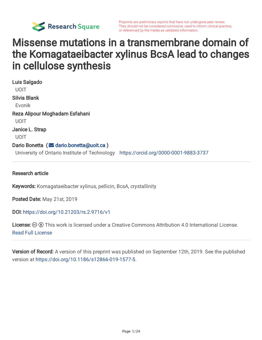 Missense Mutations in a Transmembrane Domain of the Komagataeibacter Xylinus Bcsa Lead to Changes in Cellulose Synthesis