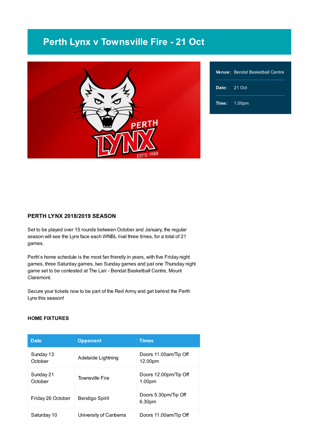 Perth Lynx V Townsville Fire - 21 Oct