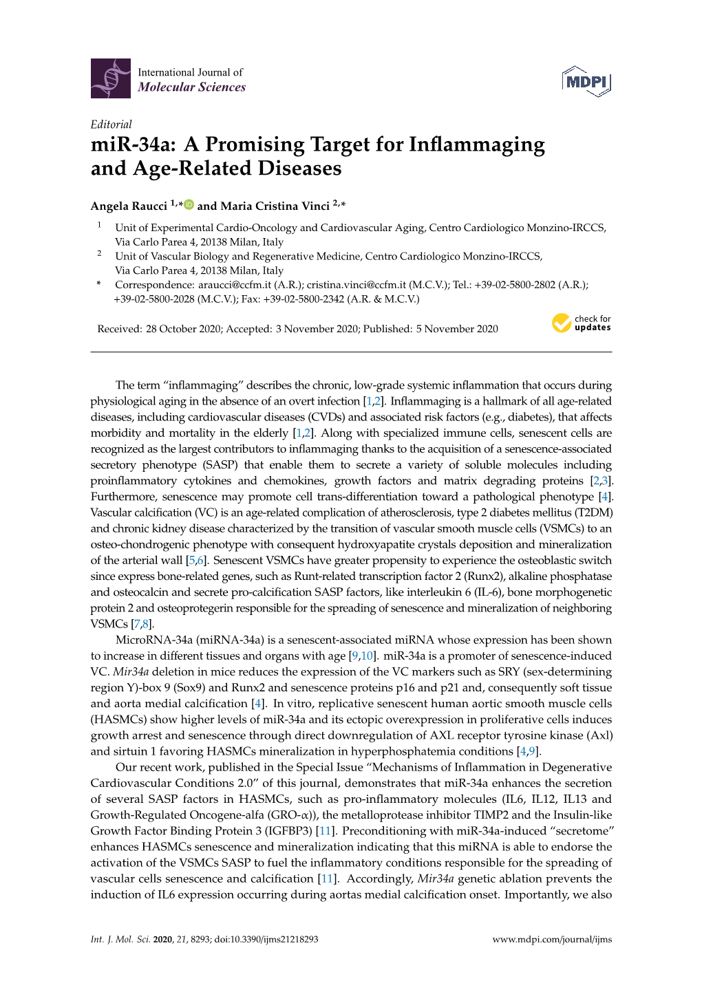 Mir-34A: a Promising Target for Inﬂammaging and Age-Related Diseases