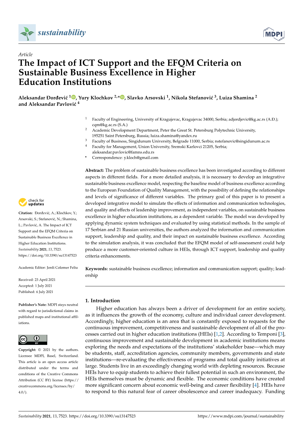 The Impact of ICT Support and the EFQM Criteria on Sustainable Business Excellence in Higher Education Institutions