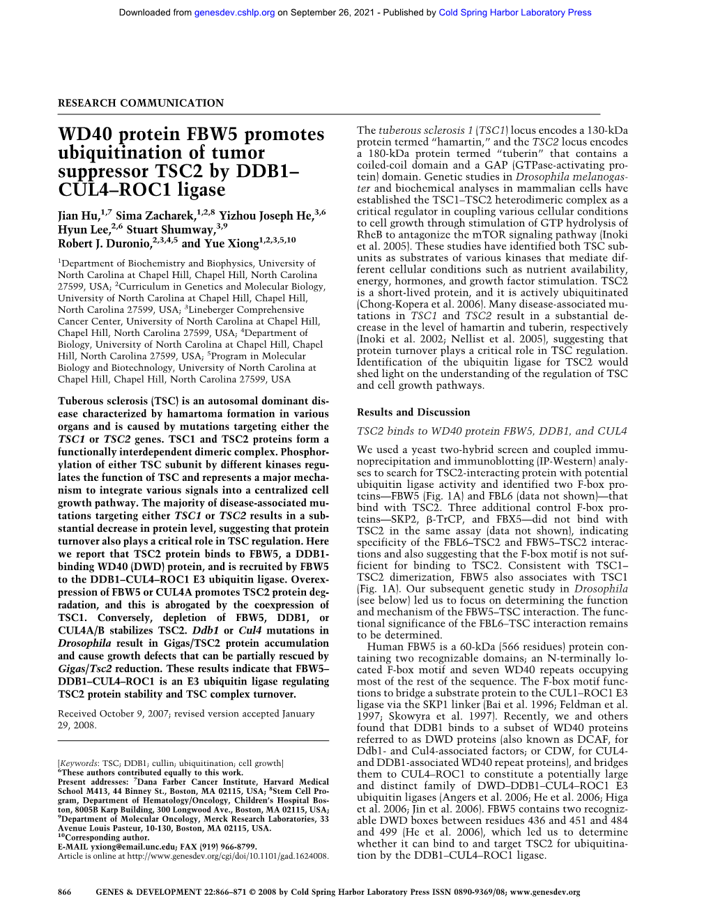 WD40 Protein FBW5 Promotes Ubiquitination of Tumor Suppressor TSC2 by DDB1−CUL4−ROC1 Ligase