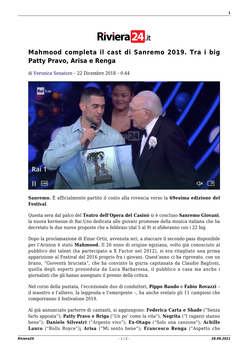 Mahmood Completa Il Cast Di Sanremo 2019. Tra I Big Patty Pravo, Arisa E Renga